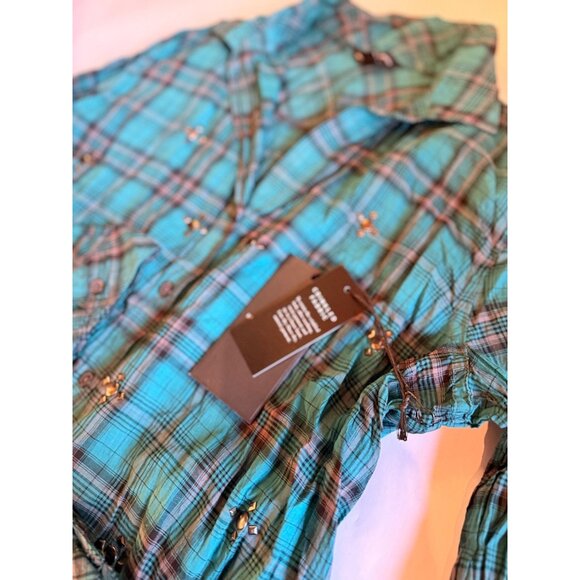 NWT Rock & Republic Womens Crinkled green  Plaid Shirt With Studded Details Butt - Picture 3 of 8